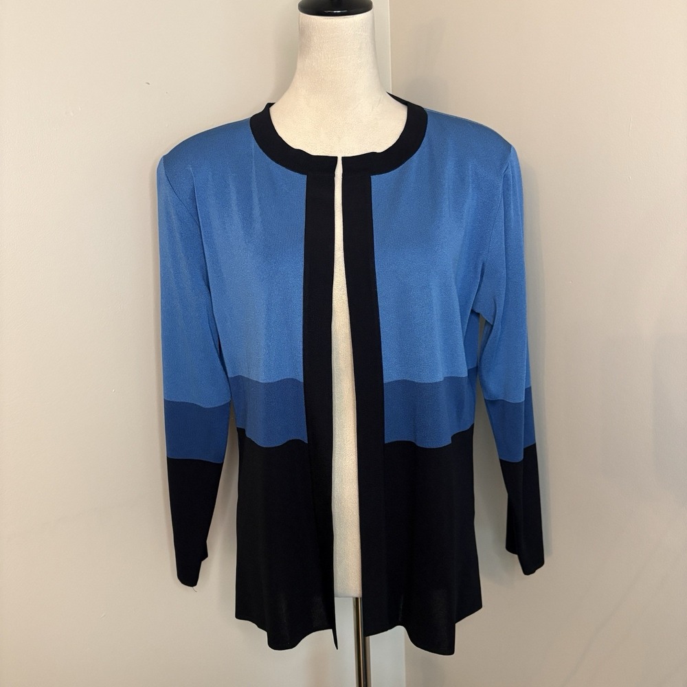 Vintage Exclusively Misook Cardigan Sweater M Medium Blue Color-block Open Front
